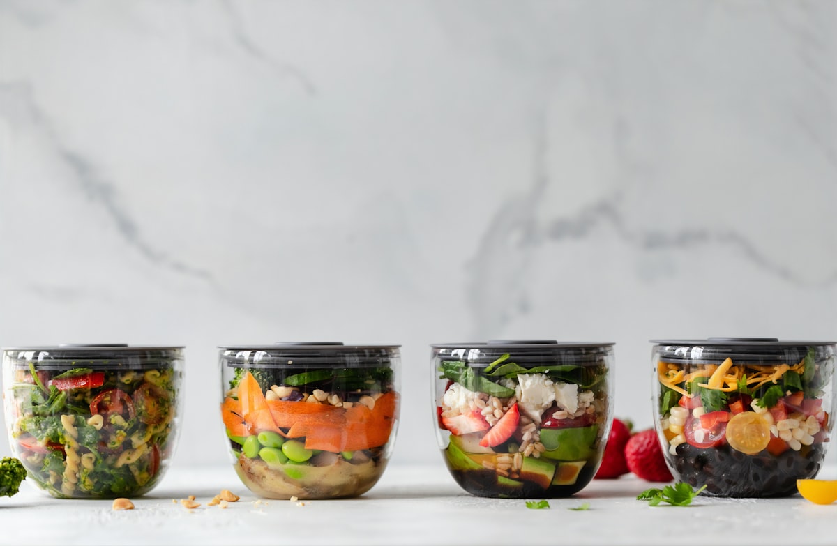 Colorful lunch container with vegetables and protein